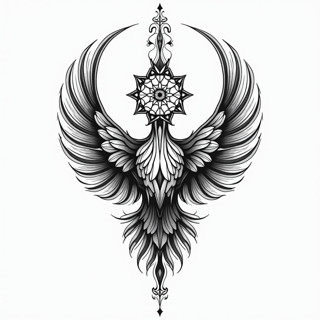 Fine lines, important dates, Phoenix in geometric style tattoo, blending hexagons, mandala-inspired patterns, symmetrical and fractal design, clean lines, sharp angles - Variation 4