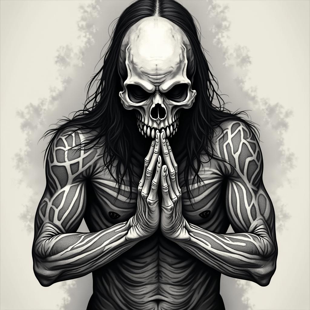 Demonic praying hands in horror tattoo style, showcasing haunting and unsettling, dark and gritty textures with skulls, eerie faces, jgged designs, bold and intense shading - Variation 4