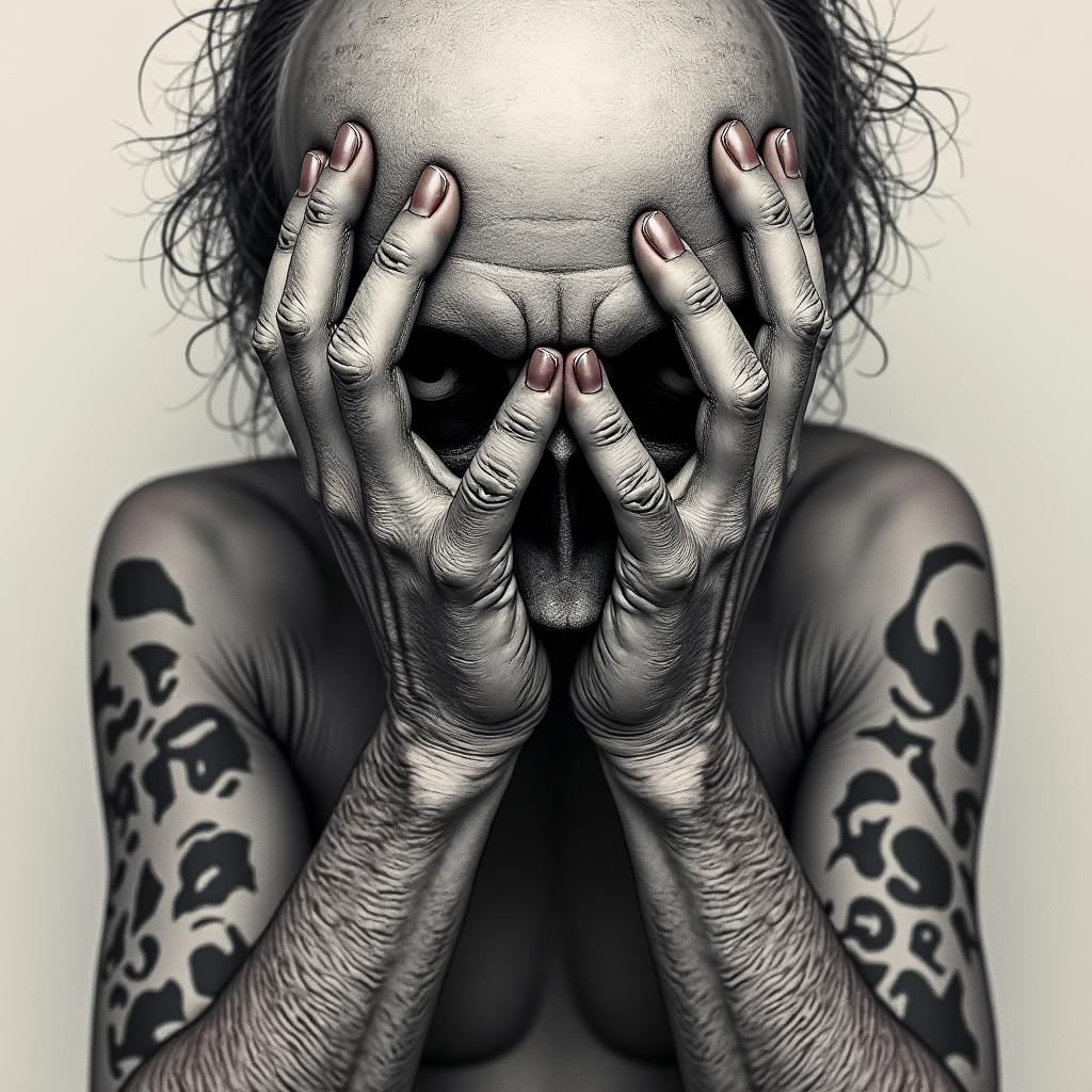 Demonic praying hands in horror tattoo style, showcasing haunting and unsettling, dark and gritty textures with skulls, eerie faces, jgged designs, bold and intense shading - Variation 3