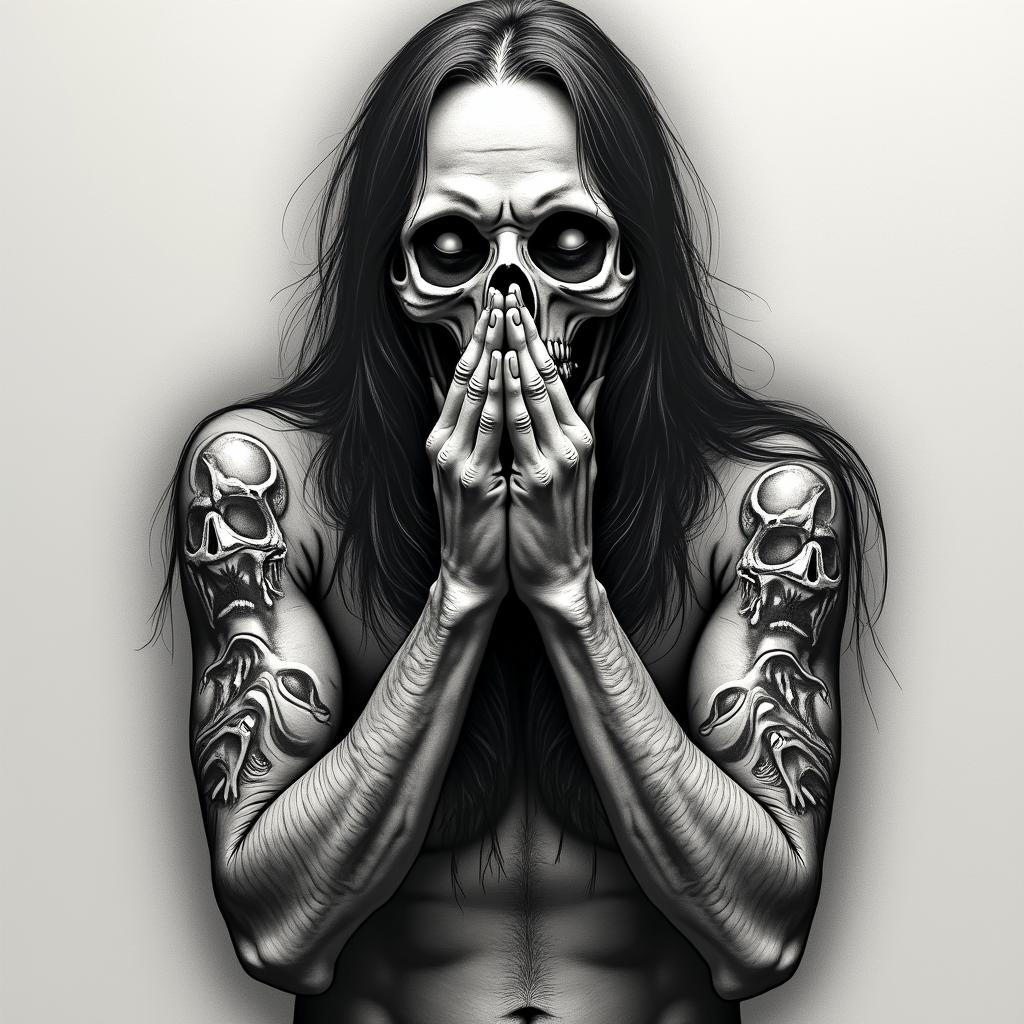 Demonic praying hands in horror tattoo style, showcasing haunting and unsettling, dark and gritty textures with skulls, eerie faces, jgged designs, bold and intense shading