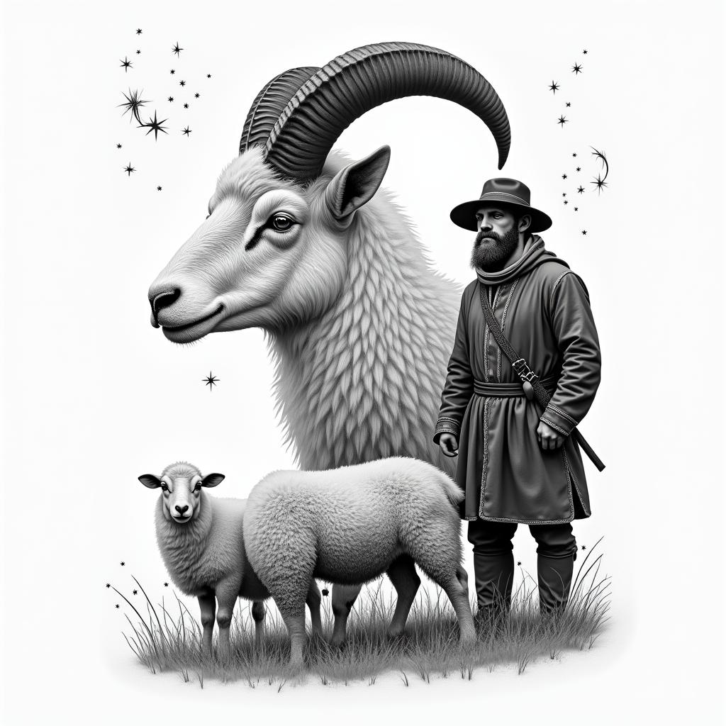 A ram with curled horns in profile in the foreground on the left side. In the background, a shepherd in traditional German clothing and a grazing sheep herd. In the sky, stars with the constellation Leo.in portrait tattoo style, featuring a highly realistic and detailed depiction  - Variation 2