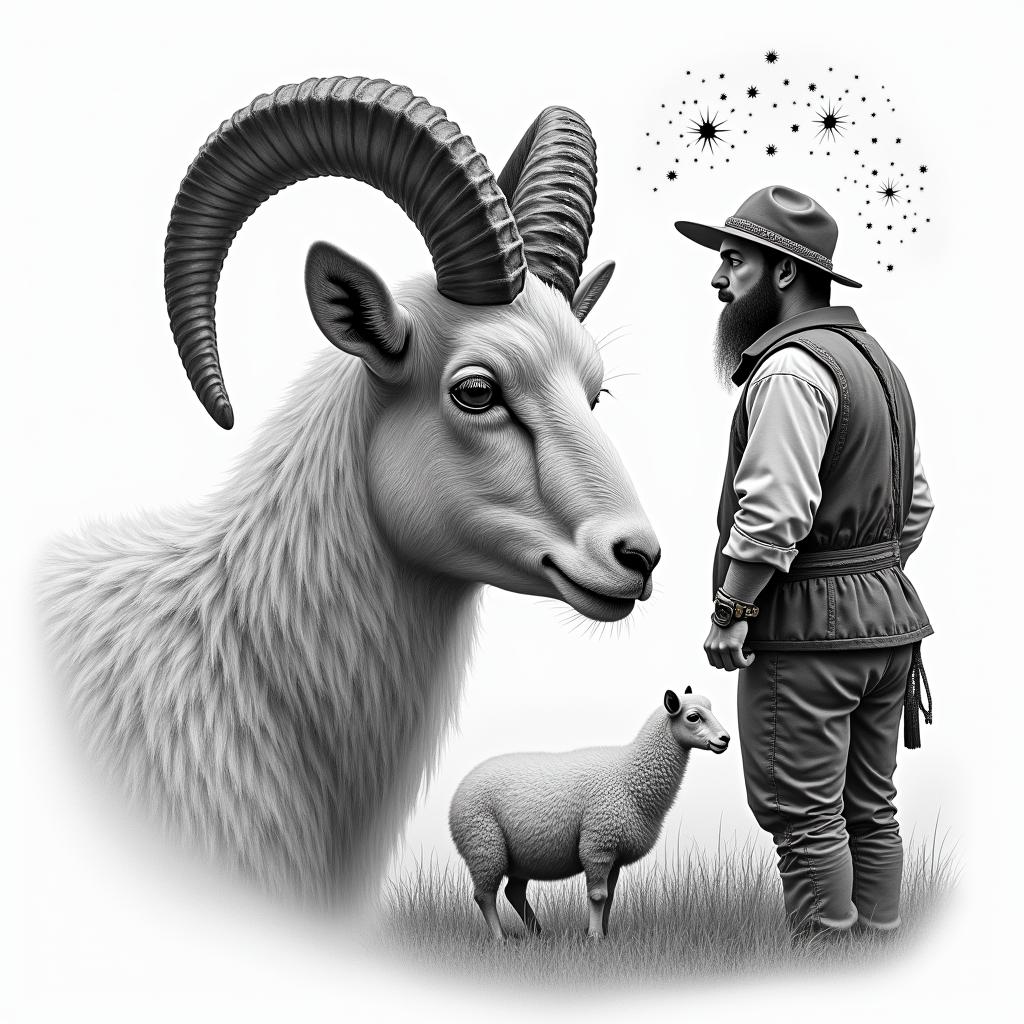A ram with curled horns in profile in the foreground on the left side. In the background, a shepherd in traditional German clothing and a grazing sheep herd. In the sky, stars with the constellation Leo.in portrait tattoo style, featuring a highly realistic and detailed depiction  - Variation 4