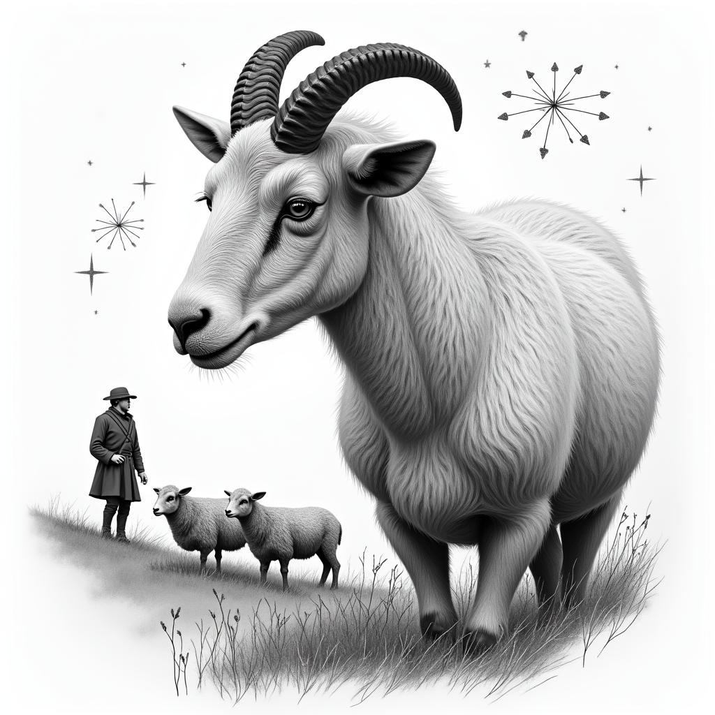 A ram with curled horns in profile in the foreground on the left side. In the background, a shepherd in traditional German clothing and a grazing sheep herd. In the sky, stars with the constellation Leo.in portrait tattoo style, featuring a highly realistic and detailed depiction