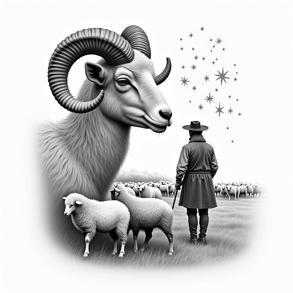 A ram with curled horns in profile in the foreground on the left side. In the background, a shepherd in traditional German clothing and a grazing sheep herd. In the sky, stars with the constellation Leo.in portrait tattoo style, featuring a highly realistic and detailed depiction  - Variation 3