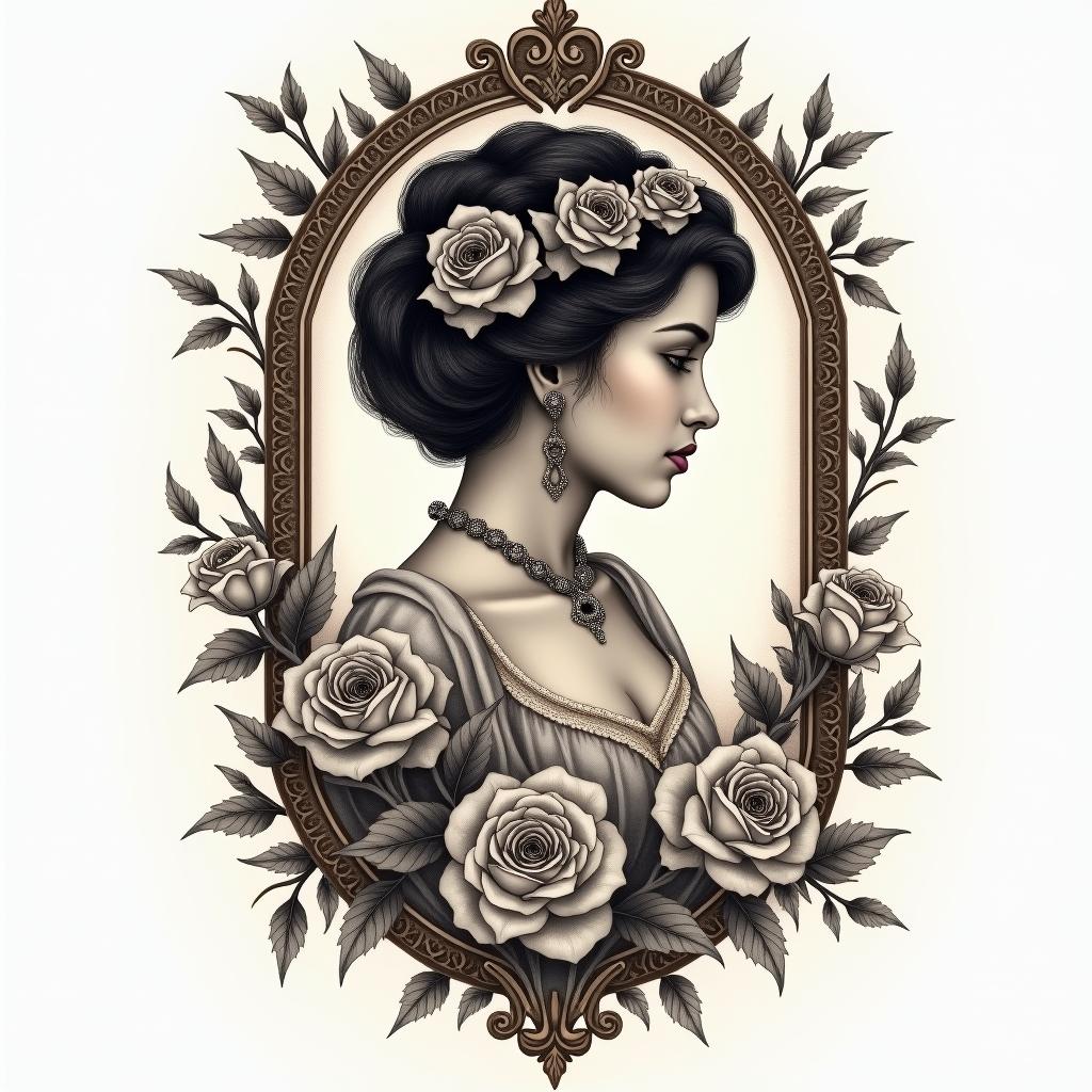Juan, Gemini, Ibaguéin victorian style tattoo, featuring vintage and elegant elements, ornate frames, roses, antique, sepia-toned color scheme