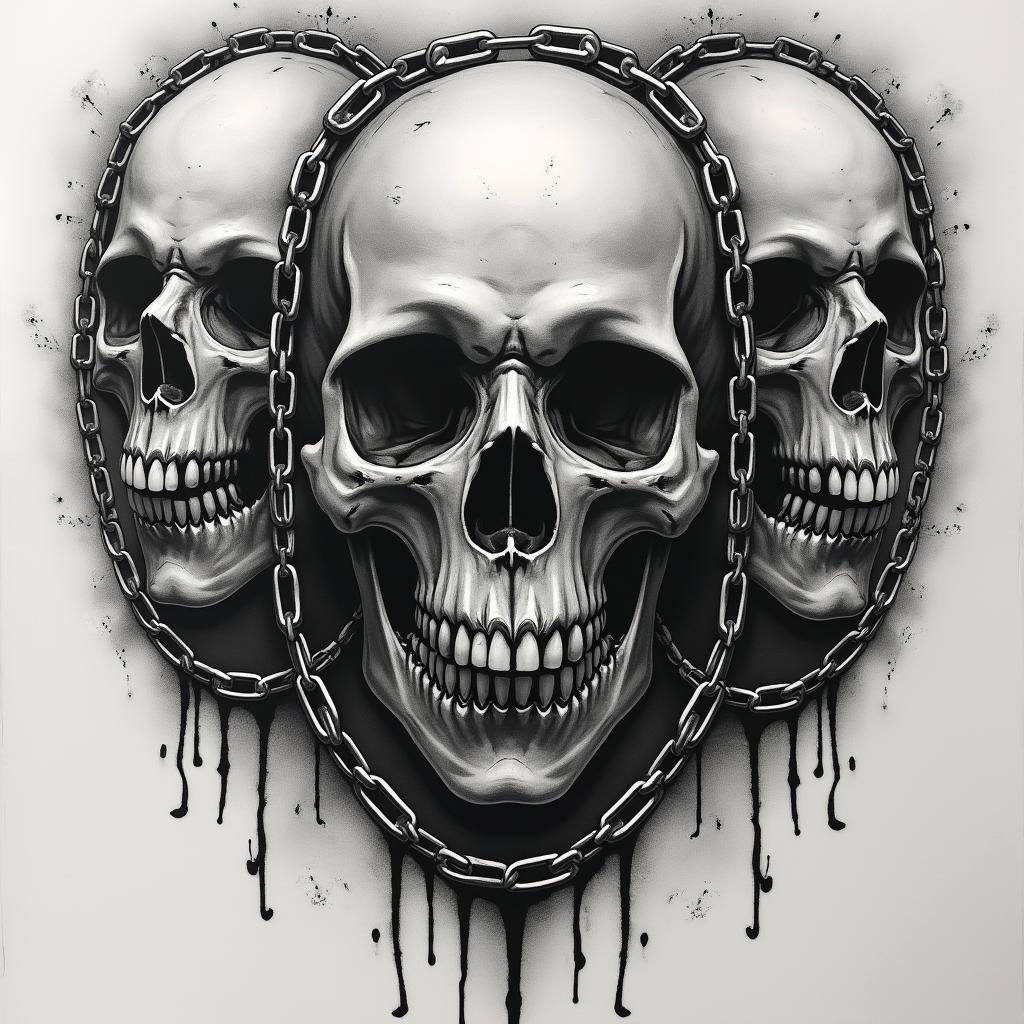 Skulls with chains in horror tattoo style, showcasing haunting and unsettling, dark and gritty textures with skulls, eerie faces, jgged designs, bold and intense shading - Variation 2