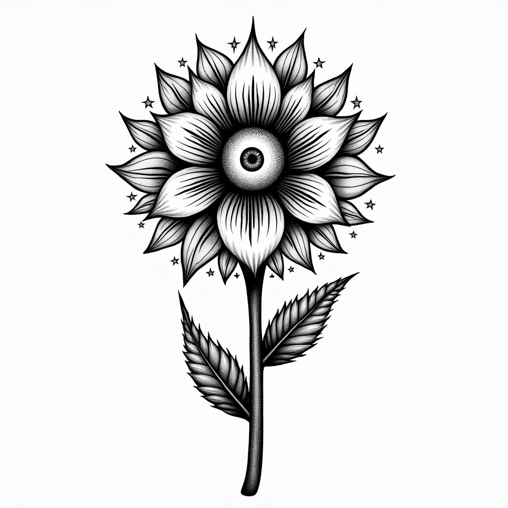 Graphic flowerin prophecy tattoo style, featuring mystical symbols, celestial imagery like stars, moons, suns, geometric patterns, foretelling elements, an eye of wisdom - Variation 5