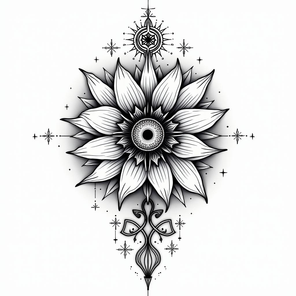 Graphic flowerin prophecy tattoo style, featuring mystical symbols, celestial imagery like stars, moons, suns, geometric patterns, foretelling elements, an eye of wisdom - Variation 7