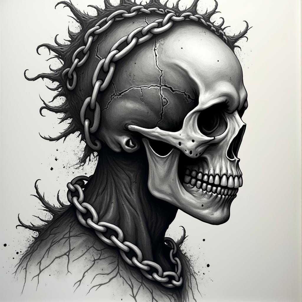 Chain head in horror tattoo style, showcasing haunting and unsettling, dark and gritty textures with skulls, eerie faces, jgged designs, bold and intense shading - Variation 3