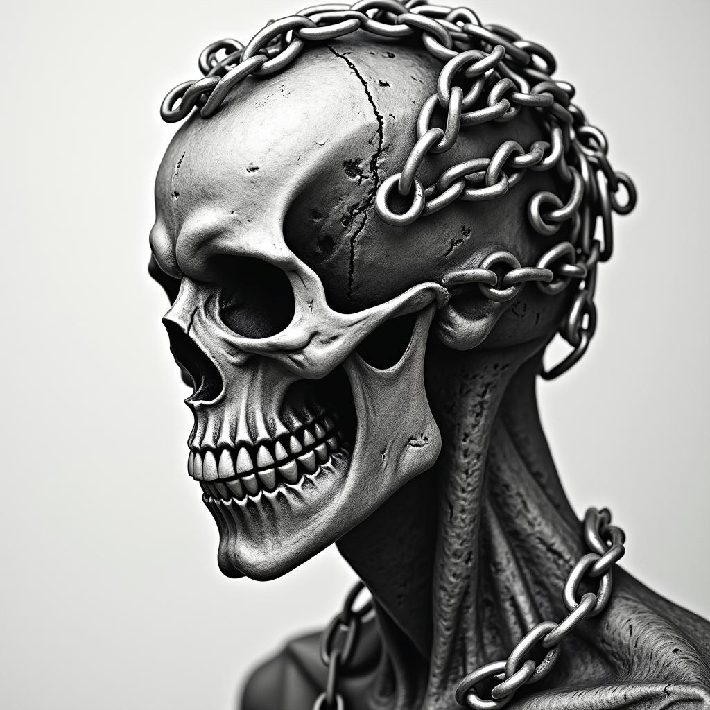 Chain head in horror tattoo style, showcasing haunting and unsettling, dark and gritty textures with skulls, eerie faces, jgged designs, bold and intense shading - Variation 2