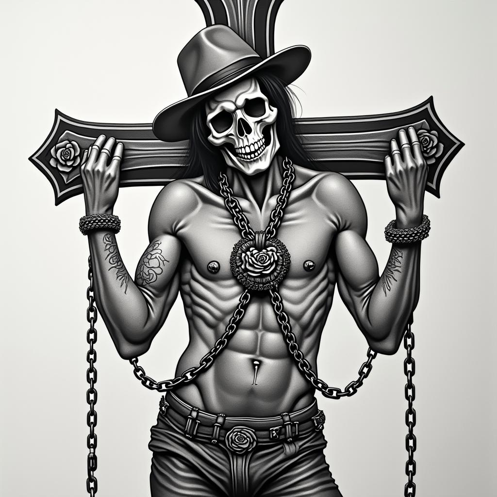 Haikopf with chainsin chicano style tattoo, featuring intricate black and grey shading, bold elements of traditional chicano culture symbols, add a big cross with skull, chains and roses - Variation 3
