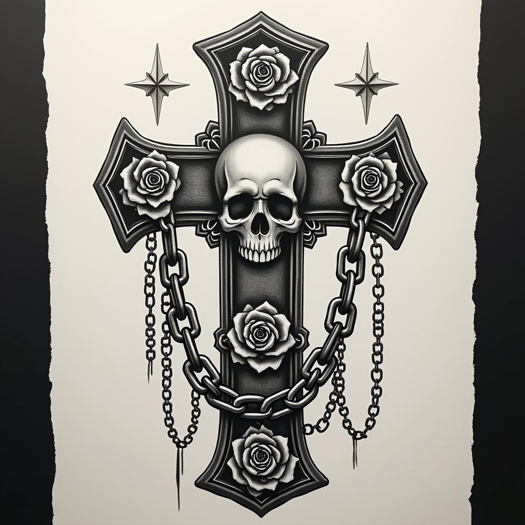 Haikopf with chainsin chicano style tattoo, featuring intricate black and grey shading, bold elements of traditional chicano culture symbols, add a big cross with skull, chains and roses