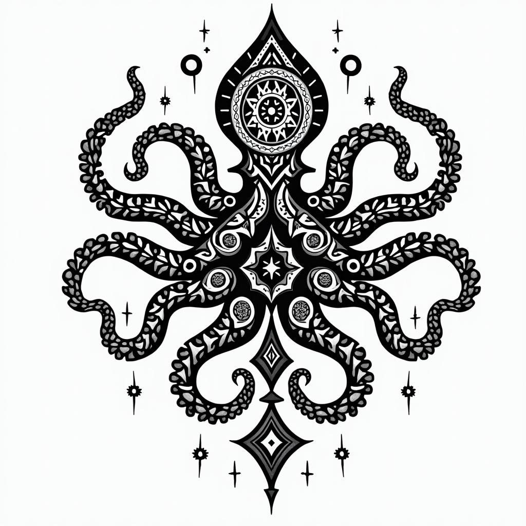 Tribal octopus, compass rose, Mayan godsin tribal tattoo style, featuring bold and black geometric shapes, curved lines, intertwine and flow seamlessly, creating a powerful and symbolic design, polynesian and maori styles - Variation 4