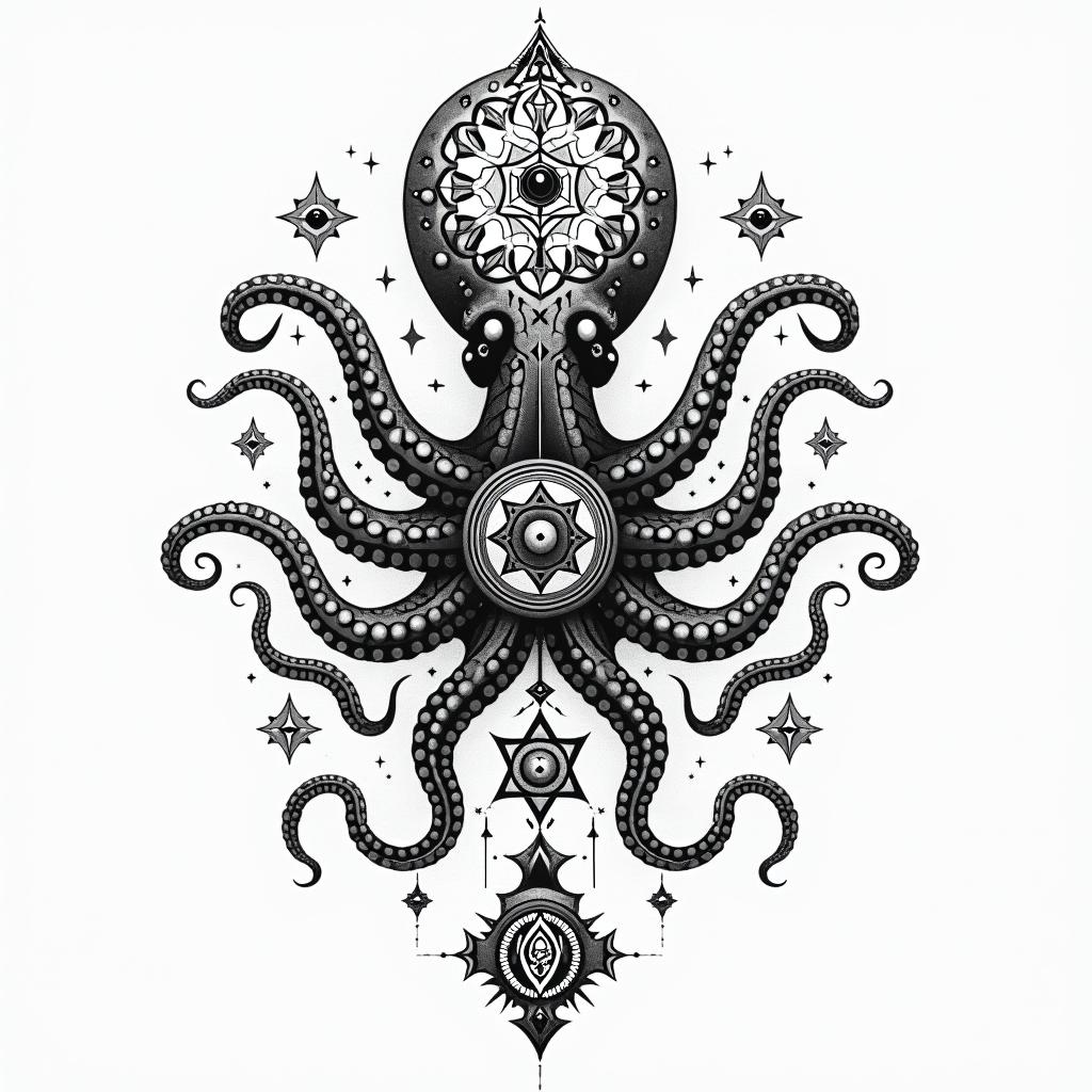 Tribal octopus, compass rose, Mayan godsin prophecy tattoo style, featuring mystical symbols, celestial imagery like stars, moons, suns, geometric patterns, foretelling elements, an eye of wisdom - Variation 6