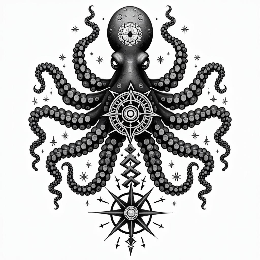 Tribal octopus, compass rose, Mayan godsin prophecy tattoo style, featuring mystical symbols, celestial imagery like stars, moons, suns, geometric patterns, foretelling elements, an eye of wisdom - Variation 8