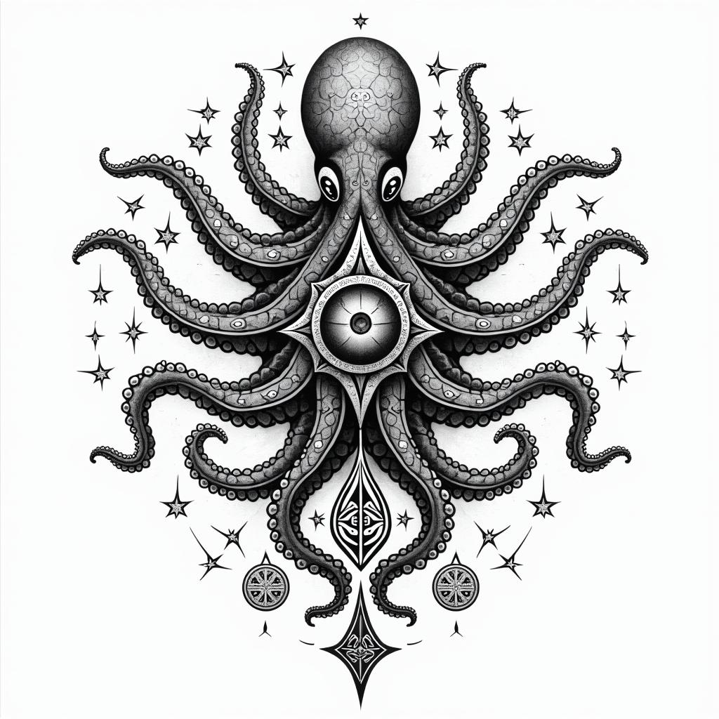 Tribal octopus, compass rose, Mayan godsin prophecy tattoo style, featuring mystical symbols, celestial imagery like stars, moons, suns, geometric patterns, foretelling elements, an eye of wisdom - Variation 7