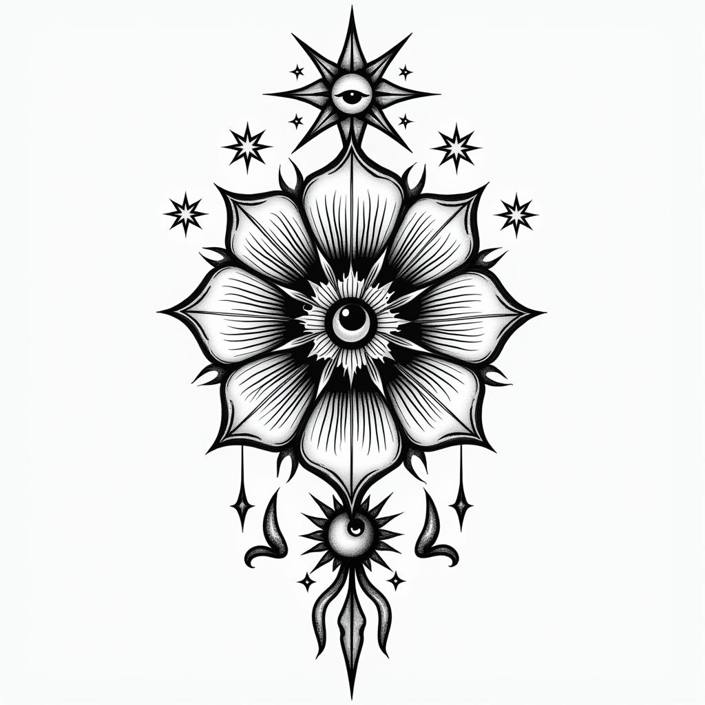 Graphic flowerin prophecy tattoo style, featuring mystical symbols, celestial imagery like stars, moons, suns, geometric patterns, foretelling elements, an eye of wisdom - Variation 3