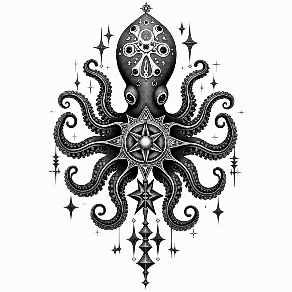 Tribal octopus, compass rose, Mayan godsin prophecy tattoo style, featuring mystical symbols, celestial imagery like stars, moons, suns, geometric patterns, foretelling elements, an eye of wisdom - Variation 4