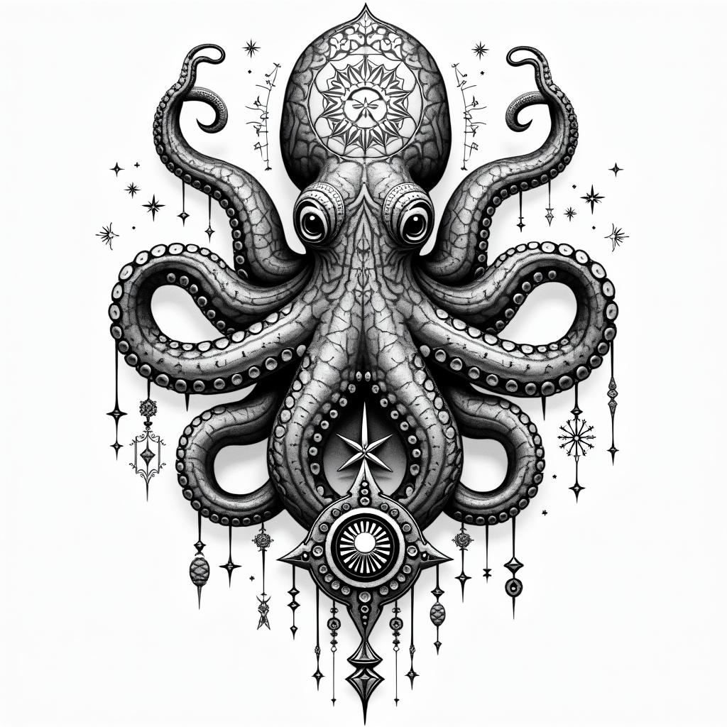 Tribal octopus, compass rose, Mayan godsin prophecy tattoo style, featuring mystical symbols, celestial imagery like stars, moons, suns, geometric patterns, foretelling elements, an eye of wisdom - Variation 3