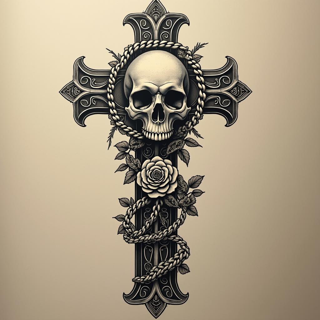 Stark skull chain goldin chicano style tattoo, featuring intricate black and grey shading, bold elements of traditional chicano culture symbols, add a big cross with skull, chains and roses - Variation 2