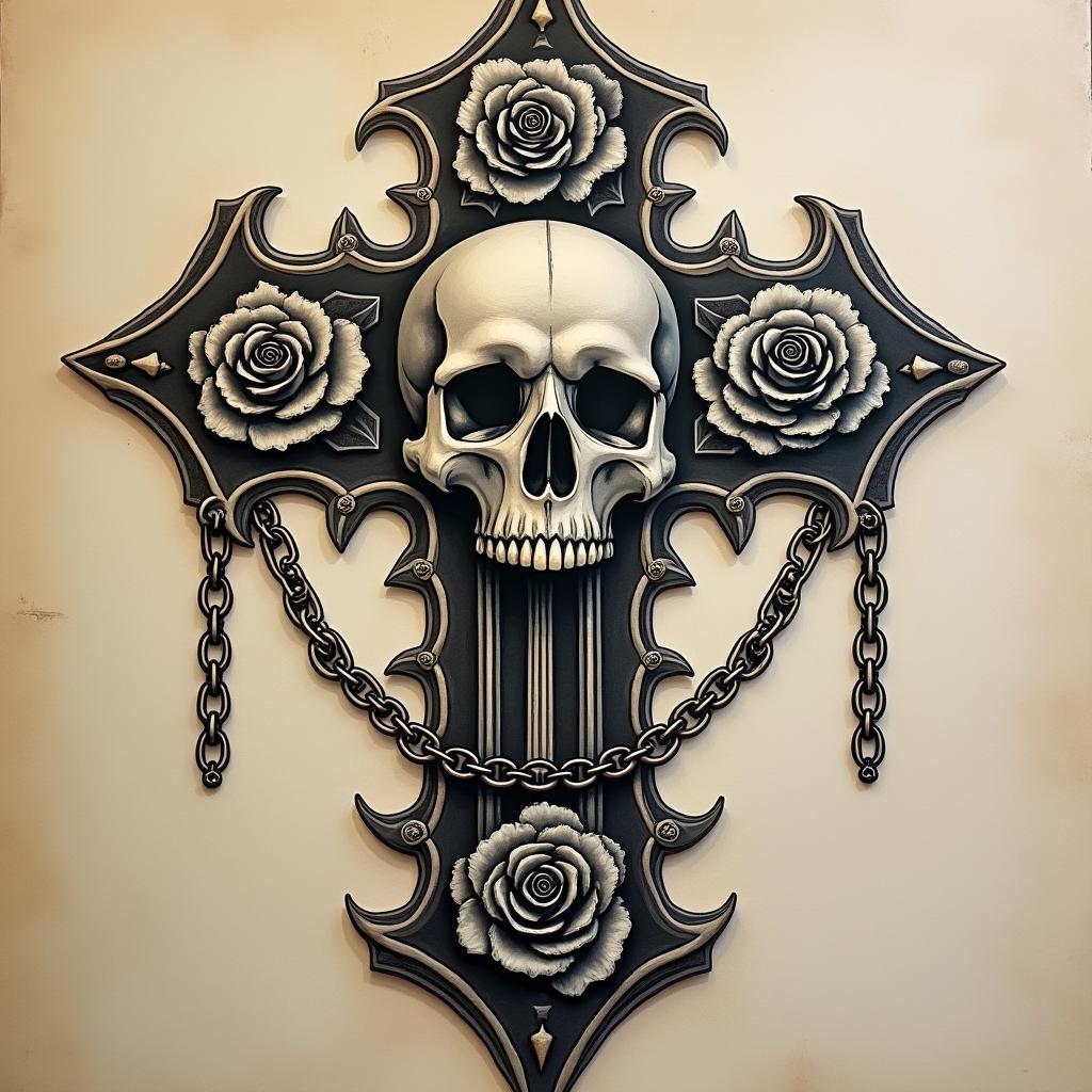 Stark skull chain goldin chicano style tattoo, featuring intricate black and grey shading, bold elements of traditional chicano culture symbols, add a big cross with skull, chains and roses