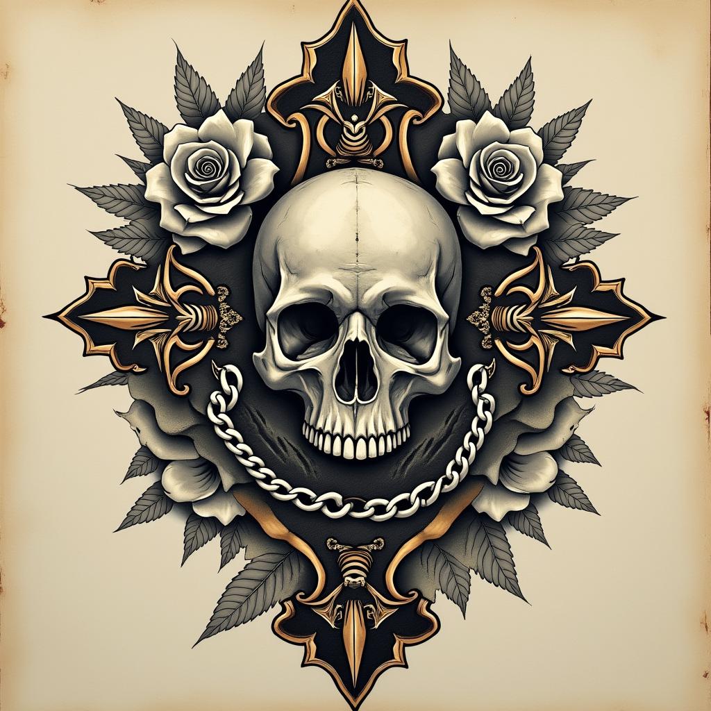 Stark skull chain goldin chicano style tattoo, featuring intricate black and grey shading, bold elements of traditional chicano culture symbols, add a big cross with skull, chains and roses - Variation 4