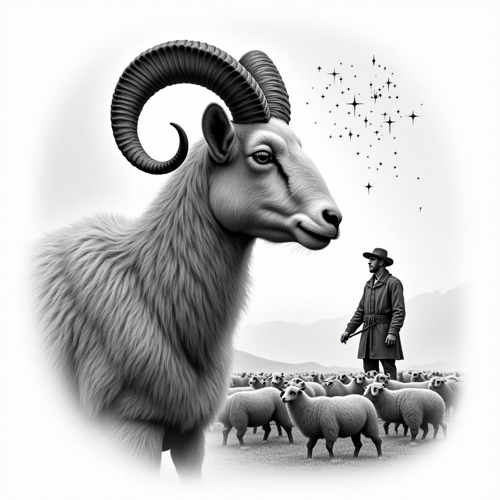 A ram with curled horns in profile in the foreground on the left side. In the background, a shepherd in traditional German clothing and a grazing flock of sheep. In the sky, stars with the constellation Leo.in realism tattoo style, featuring a highly detailed, lifelike, capturing every detail, photorealistic, ultra realistic, intricate shading, smooth and sharp,  