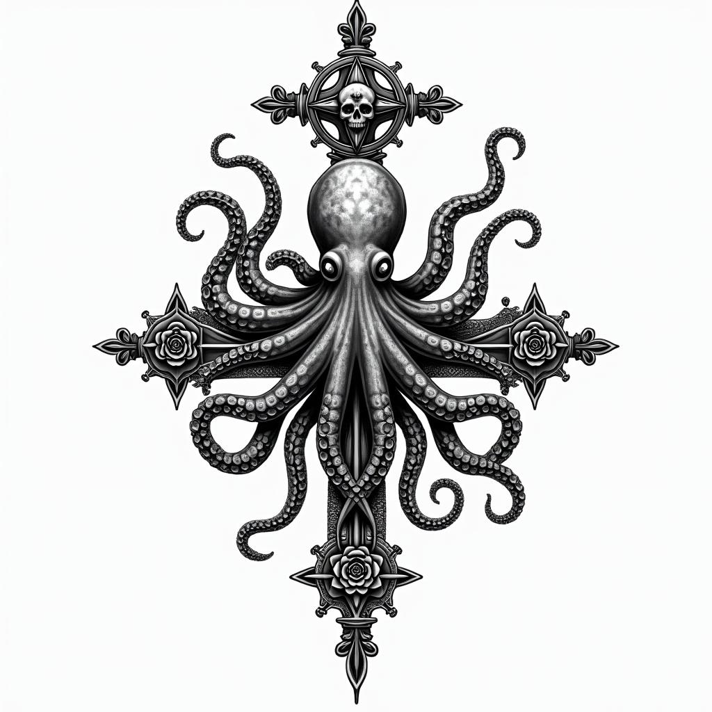 Tribal octopus, compass rose, Mayan godsin chicano style tattoo, featuring intricate black and grey shading, bold elements of traditional chicano culture symbols, add a big cross with skull, chains and roses