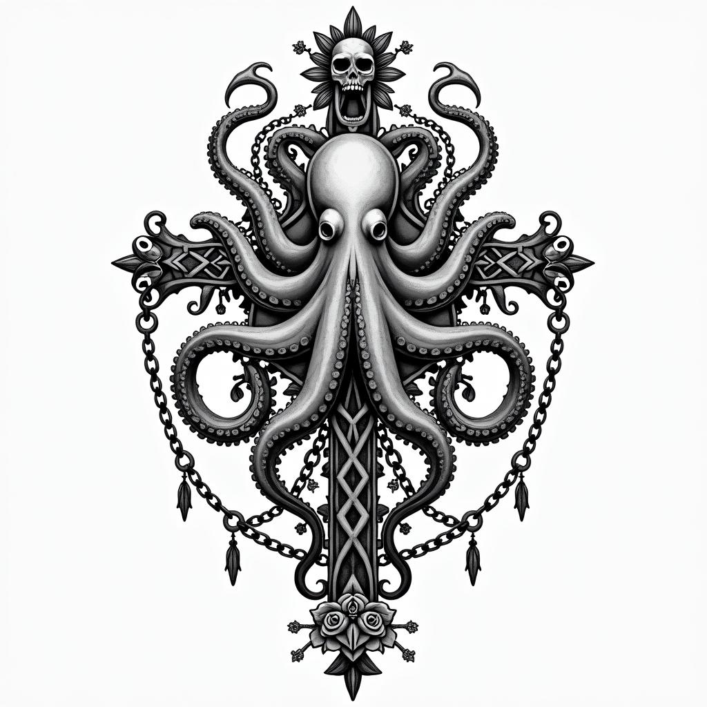 Tribal octopus, compass rose, Mayan godsin chicano style tattoo, featuring intricate black and grey shading, bold elements of traditional chicano culture symbols, add a big cross with skull, chains and roses - Variation 2