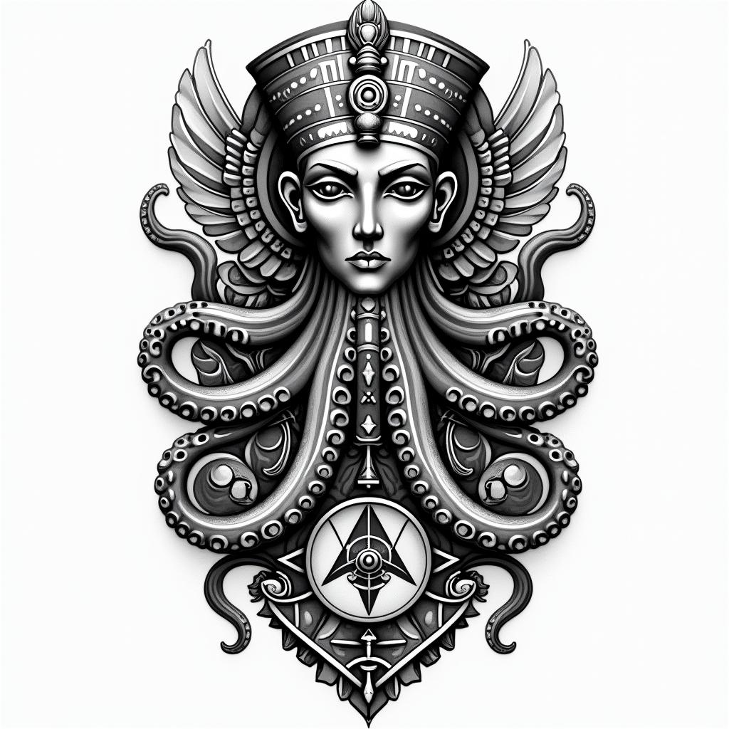 Tribal octopus, compass rose, Mayan godsin egyptian style tattoo, bold elements of ancient egyptian culture including a portrait of an Egyptian pharaoh with detailed facial features, in hieroglyphs and symbolic imagery, eye of horus, ankh symbol, scarab beetle - Variation 3