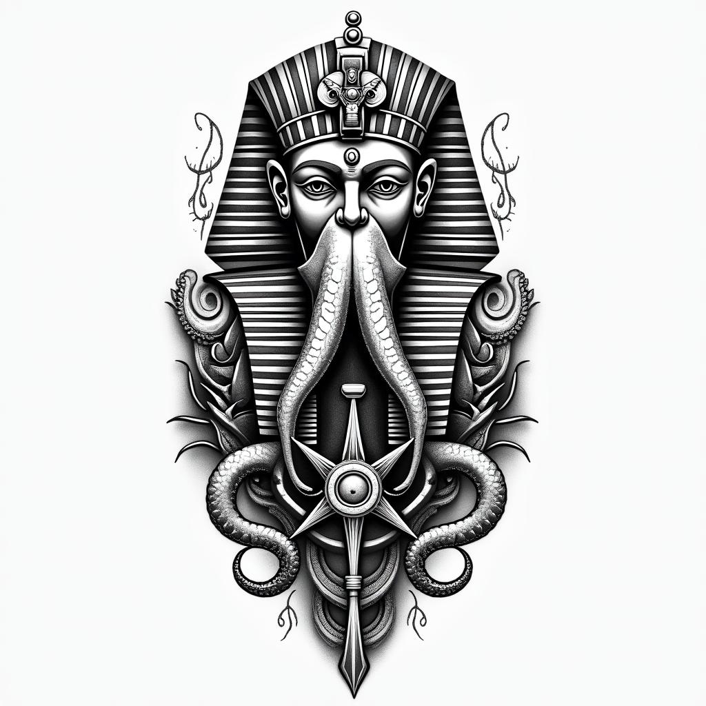 Tribal octopus, compass rose, Mayan godsin egyptian style tattoo, bold elements of ancient egyptian culture including a portrait of an Egyptian pharaoh with detailed facial features, in hieroglyphs and symbolic imagery, eye of horus, ankh symbol, scarab beetle