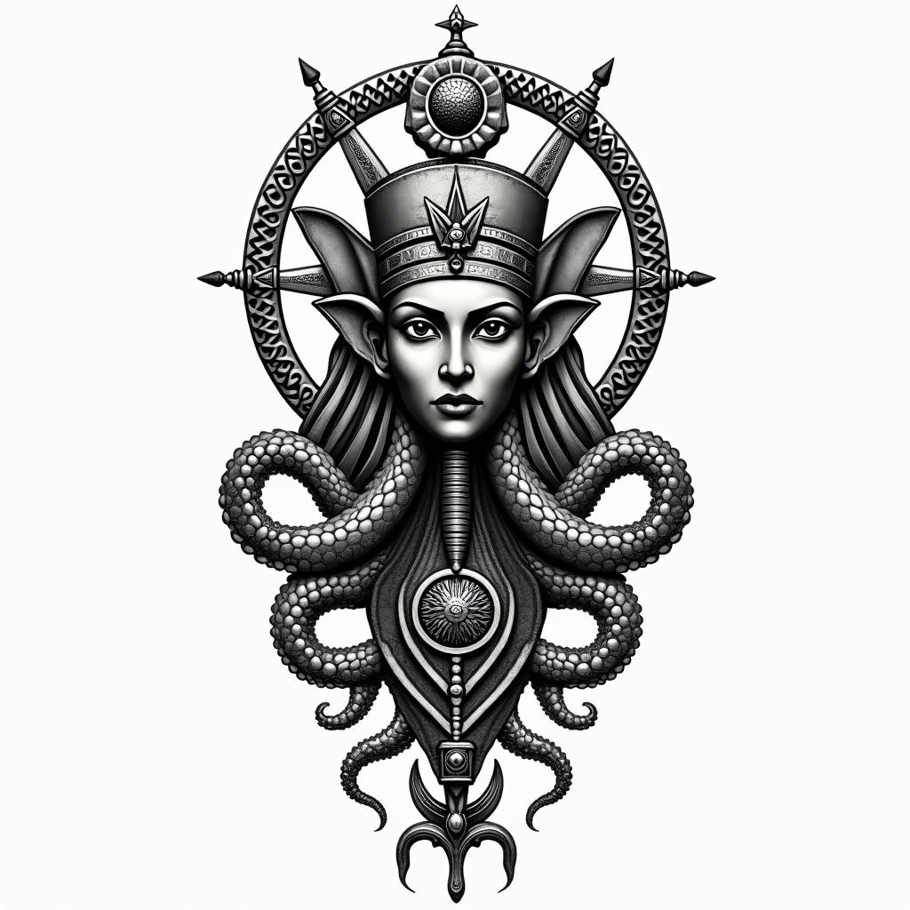 Tribal octopus, compass rose, Mayan godsin egyptian style tattoo, bold elements of ancient egyptian culture including a portrait of an Egyptian pharaoh with detailed facial features, in hieroglyphs and symbolic imagery, eye of horus, ankh symbol, scarab beetle - Variation 4