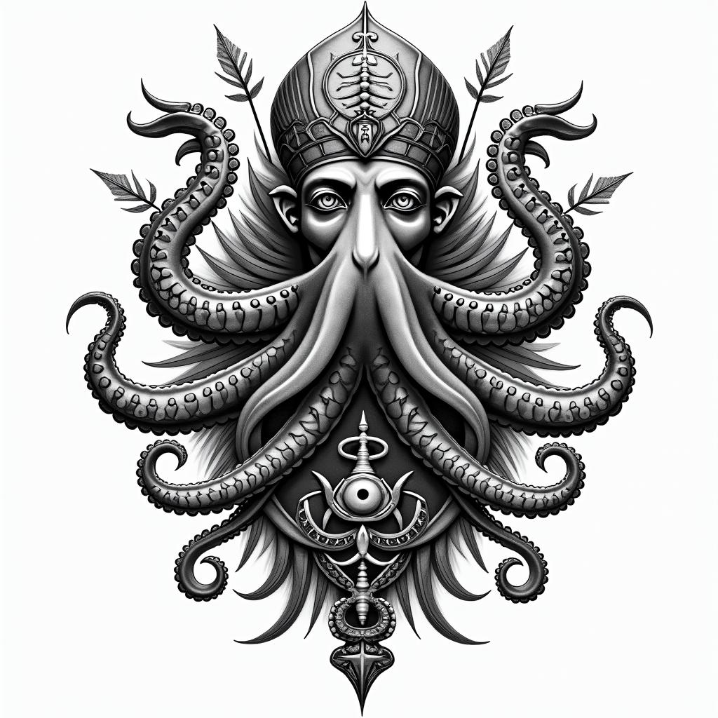Tribal octopus, compass rose, Mayan godsin egyptian style tattoo, bold elements of ancient egyptian culture including a portrait of an Egyptian pharaoh with detailed facial features, in hieroglyphs and symbolic imagery, eye of horus, ankh symbol, scarab beetle - Variation 2