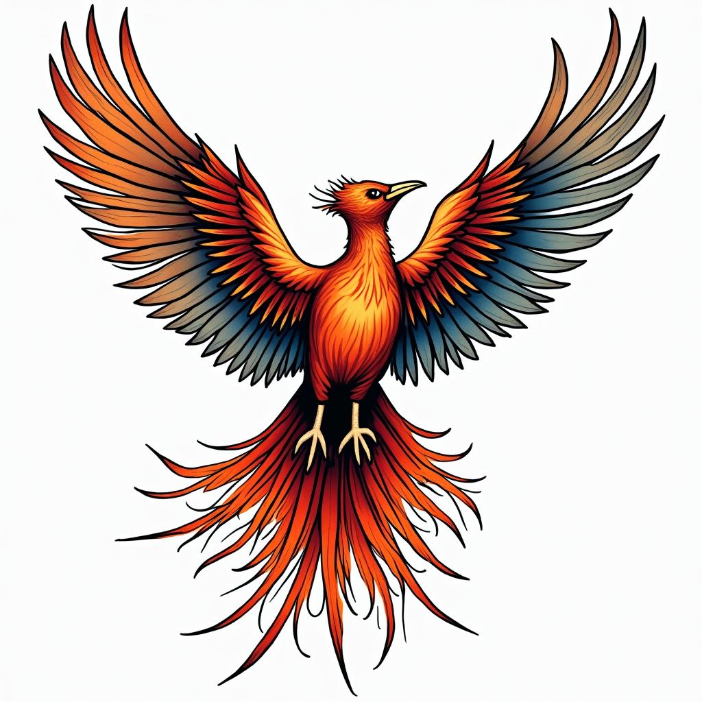 Phoenixin pop art style tattoo, featuring bold and vibrant colors, exaggerated outlines, iconic imagery, inspired by comic books and speech bubbles, comic book characters, retro pop culture - Variation 16