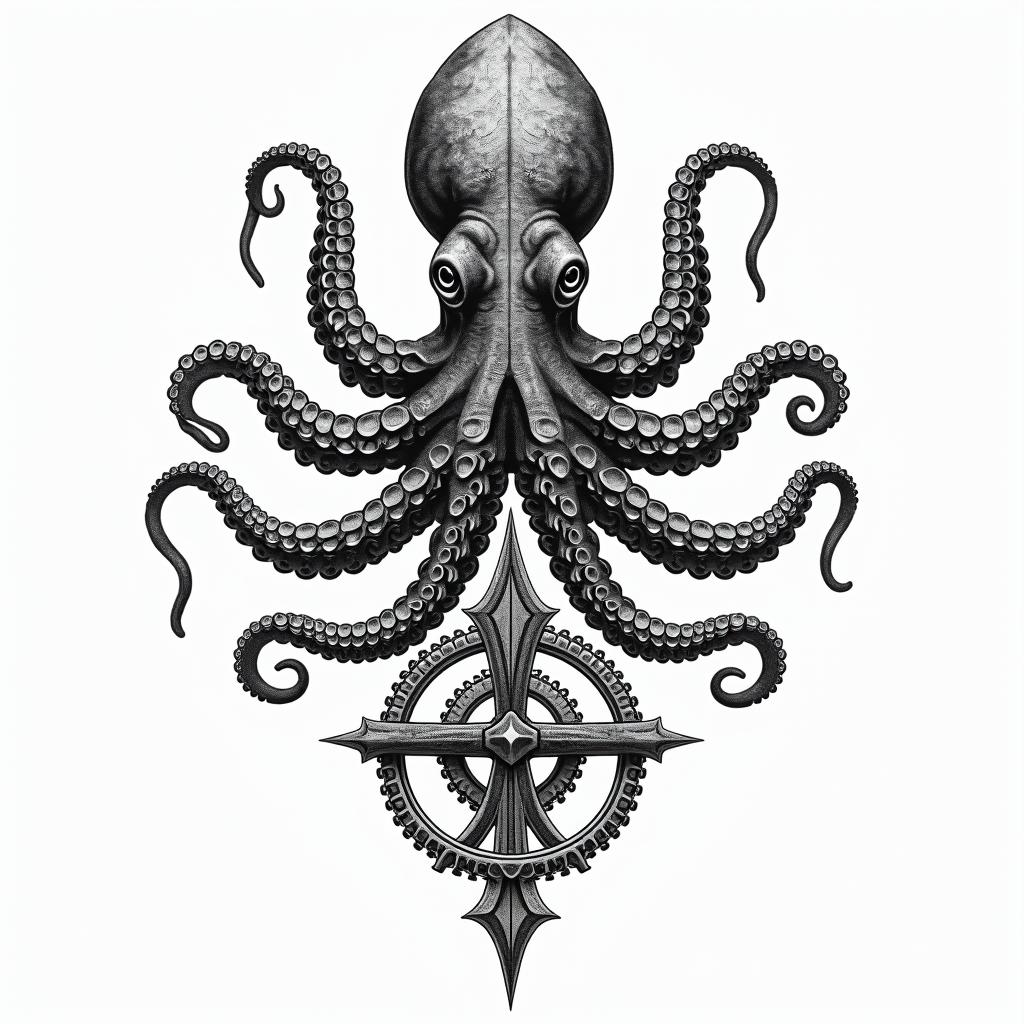 Tribal octopus, compass rose, Mayan godsin new school tattoo, pop culture, modern, detailed tattoo, illustrative - Variation 3