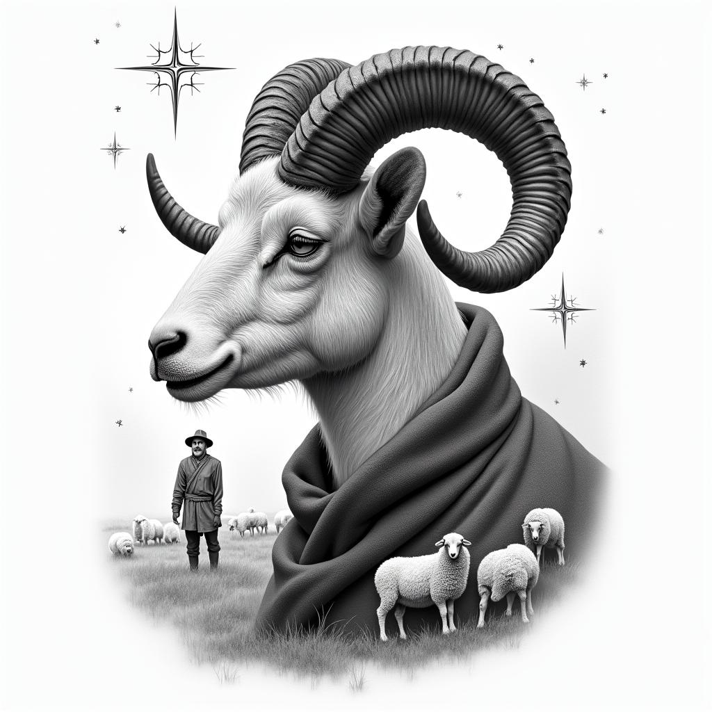 A ram with twisted horns in profile in the foreground on the left side. In the background, a shepherd in traditional German clothing and a grazing flock of sheep. In the sky, stars with the constellation Leo.in portrait tattoo style, featuring a highly realistic and detailed depiction