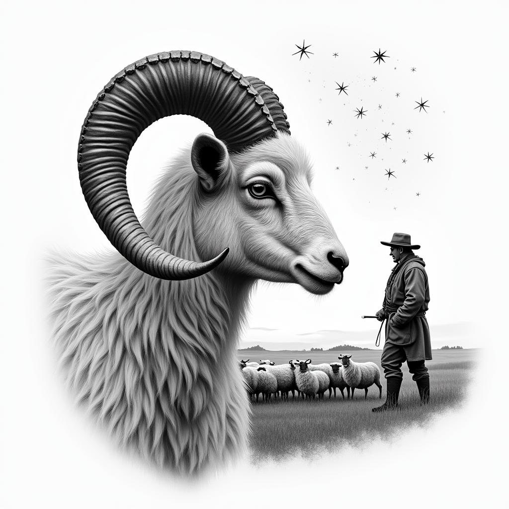 A ram with twisted horns in profile in the foreground on the left side. In the background, a shepherd in traditional German clothing and a grazing flock of sheep. In the sky, stars with the constellation Leo.in portrait tattoo style, featuring a highly realistic and detailed depiction  - Variation 4