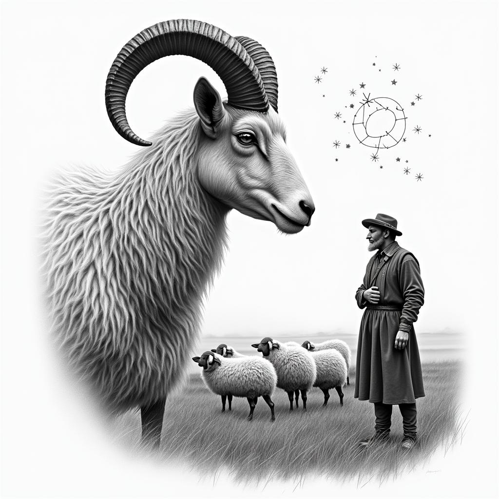 A ram with twisted horns in profile in the foreground on the left side. In the background, a shepherd in traditional German clothing and a grazing flock of sheep. In the sky, stars with the constellation Leo.in portrait tattoo style, featuring a highly realistic and detailed depiction  - Variation 2