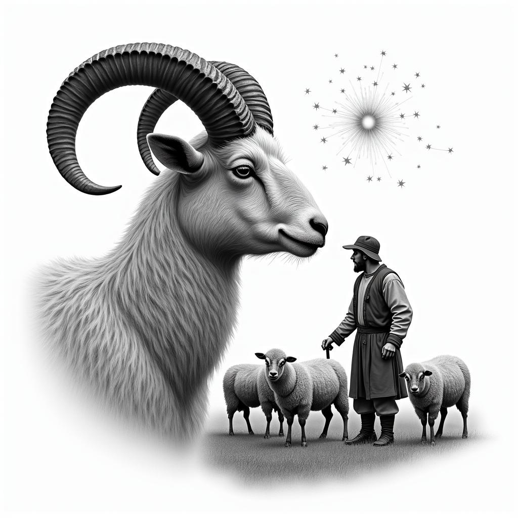A ram with twisted horns in profile in the foreground on the left side. In the background, a shepherd in traditional German clothing and a grazing flock of sheep. In the sky, stars with the constellation Leo.in portrait tattoo style, featuring a highly realistic and detailed depiction  - Variation 3