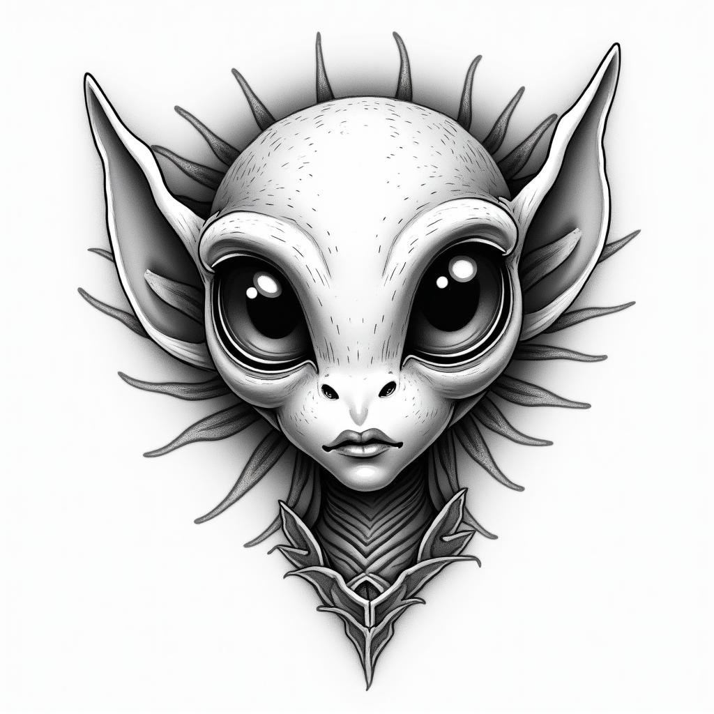 A cute alien facein bohemian style tattoo, 8k