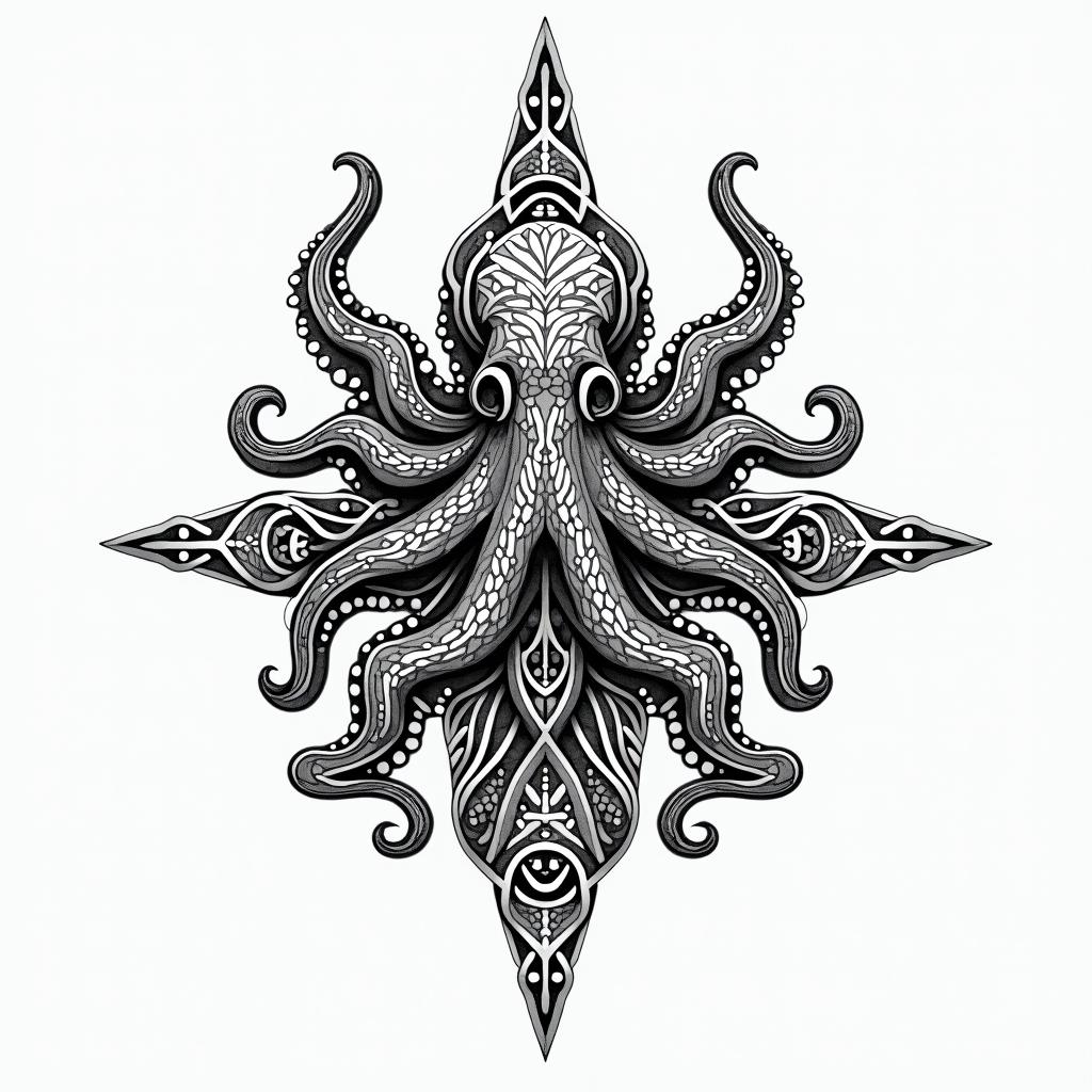 Tribal octopus, compass rose, Mayan gods in geometric style tattoo, blending hexagons, mandala-inspired patterns, symmetrical and fractal design, clean lines, sharp angles