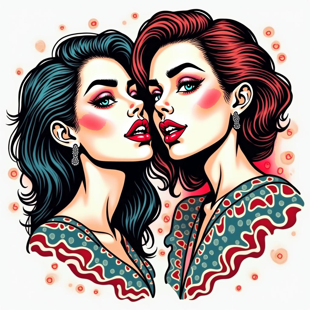 Salma and Helenin pop art style tattoo, featuring bold and vibrant colors, exaggerated outlines, iconic imagery, inspired by comic books and speech bubbles, comic book characters, retro pop culture - Variation 3