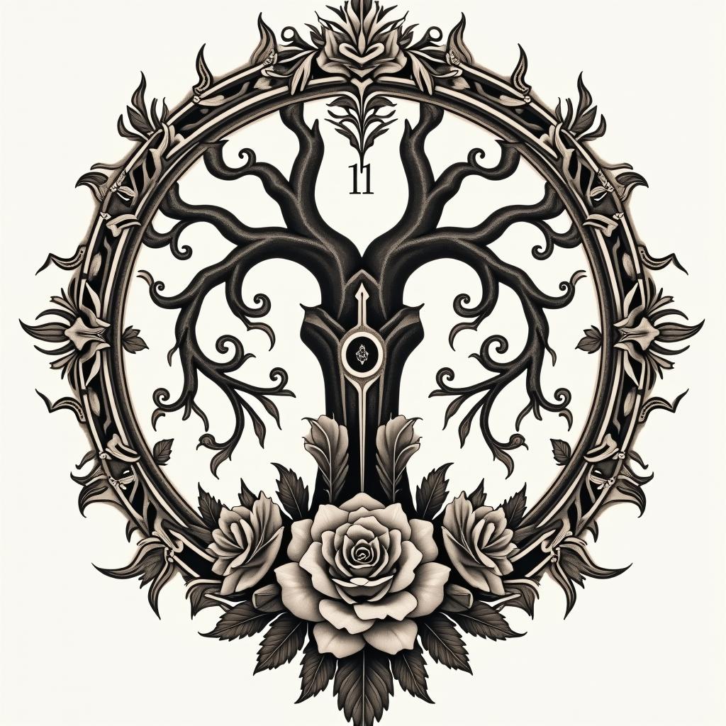 Yggdrasil with the date 11/04/22 for the backin victorian style tattoo, featuring vintage and elegant elements, ornate frames, roses, antique, sepia-toned color scheme - Variation 2