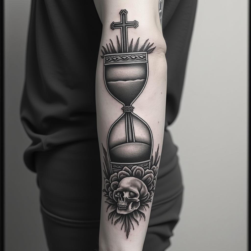Hourglass with sand and skullsin chicano style tattoo, featuring intricate black and grey shading, bold elements of traditional chicano culture symbols, add a big cross with skull, chains and roses - Variation 2
