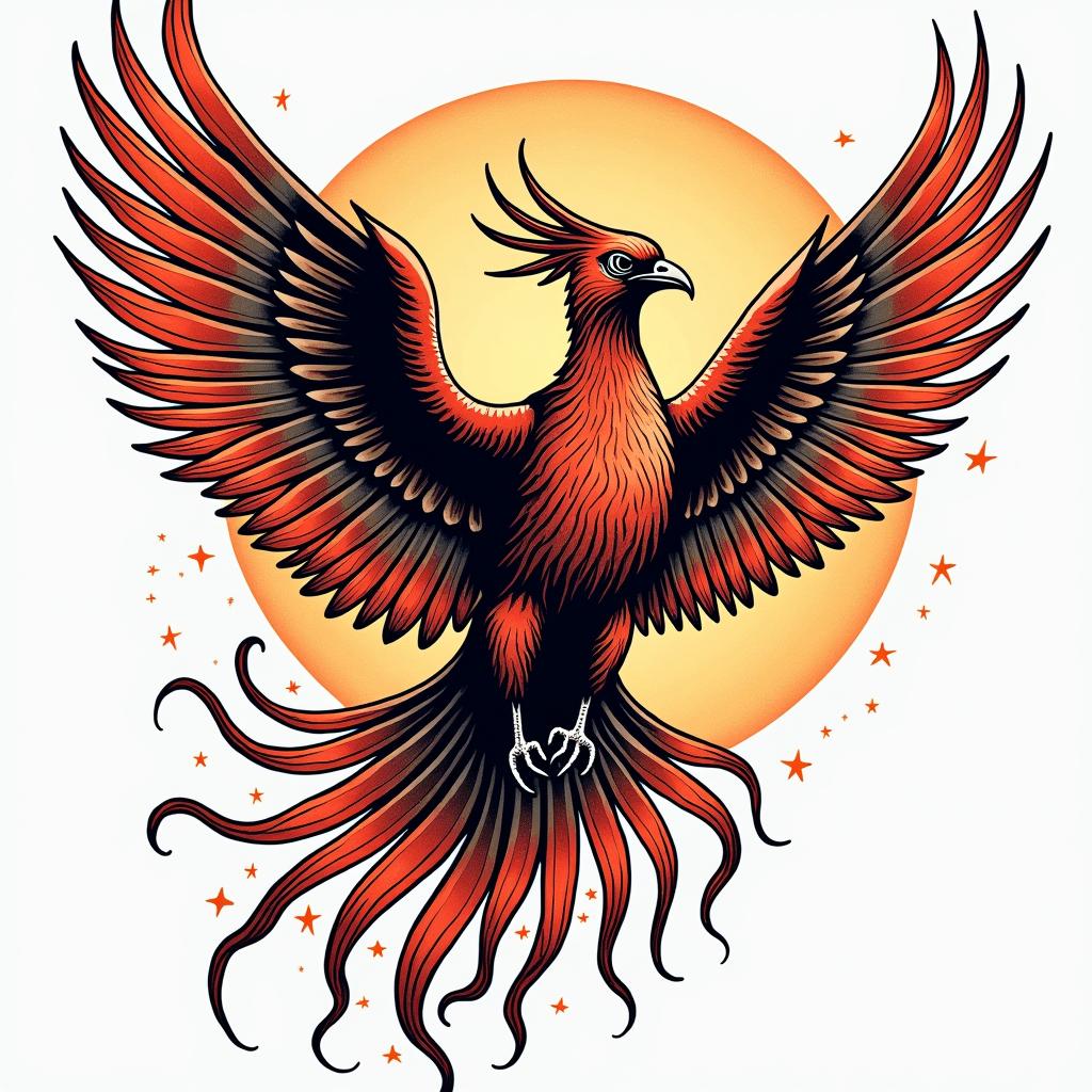 Phoenixin pop art style tattoo, featuring bold and vibrant colors, exaggerated outlines, iconic imagery, inspired by comic books and speech bubbles, comic book characters, retro pop culture - Variation 12