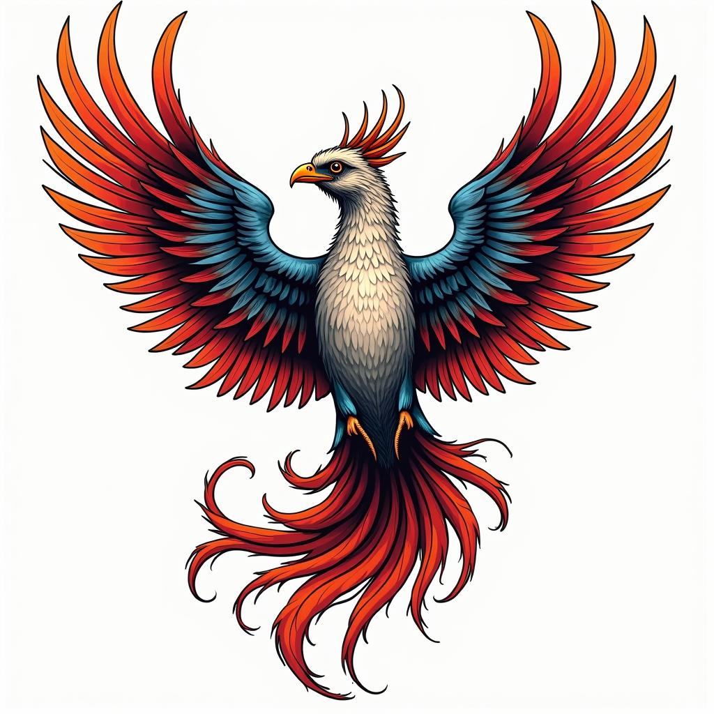 Phoenixin pop art style tattoo, featuring bold and vibrant colors, exaggerated outlines, iconic imagery, inspired by comic books and speech bubbles, comic book characters, retro pop culture - Variation 9