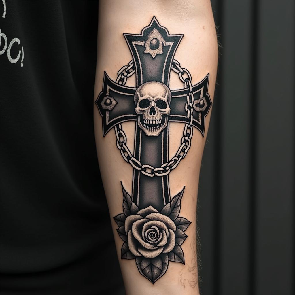 Never for the weakin chicano style tattoo, featuring intricate black and grey shading, bold elements of traditional chicano culture symbols, add a big cross with skull, chains and roses - Variation 4
