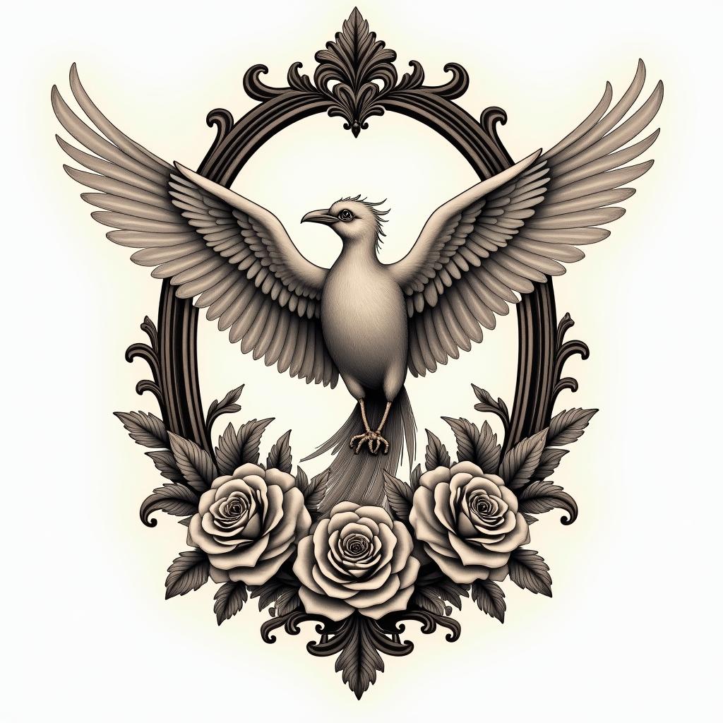 Phoenixin victorian style tattoo, featuring vintage and elegant elements, ornate frames, roses, antique, sepia-toned color scheme - Variation 4