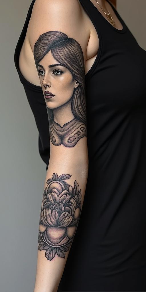Sydney, Aquarius, momin realism tattoo style, featuring a highly detailed, lifelike, capturing every detail, photorealistic, ultra realistic, intricate shading, smooth and sharp, - Variation 2