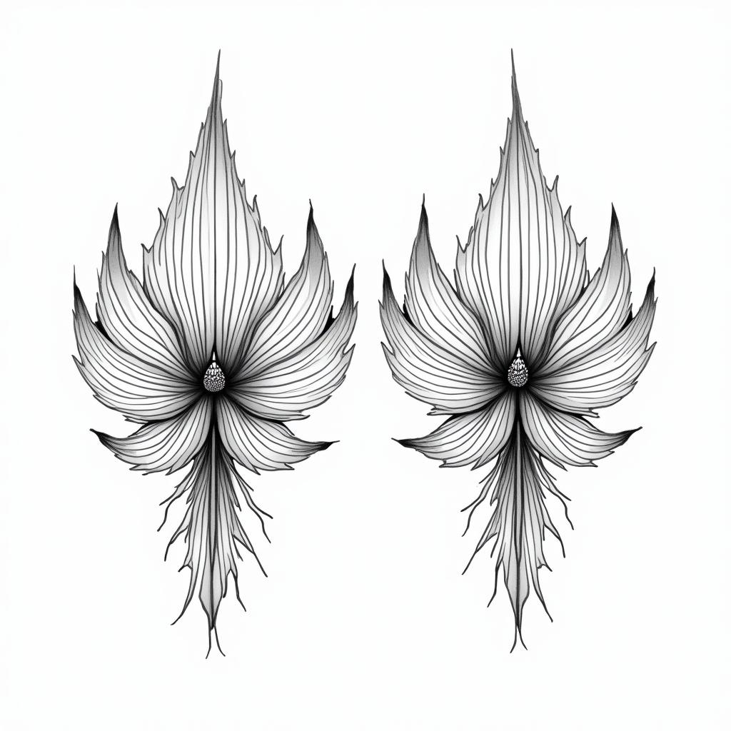 two stylized artistic drawings of rays in black and white, with fluid, detailed, and almost abstract lines, reminiscent of an ornamental tattoo style or artistic sketch. The rays have elegant shapes with curved lines and internal patterns that create a sense of movement and fluidity.in ornamental tattoo style, featuring intricate symmetrical patterns and floral designs, showcasing highly detailed line work and geometric shapes, creating a sense of elegance and balance